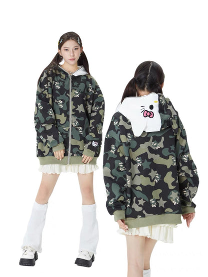 KT Camouflage Hoodies Fall Jacket Oversized Sweatshirts Casual Drawstring Zip Up Y2K Hoodie with Pocket