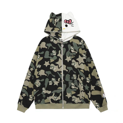 KT Camouflage Hoodies Fall Jacket Oversized Sweatshirts Casual Drawstring Zip Up Y2K Hoodie with Pocket