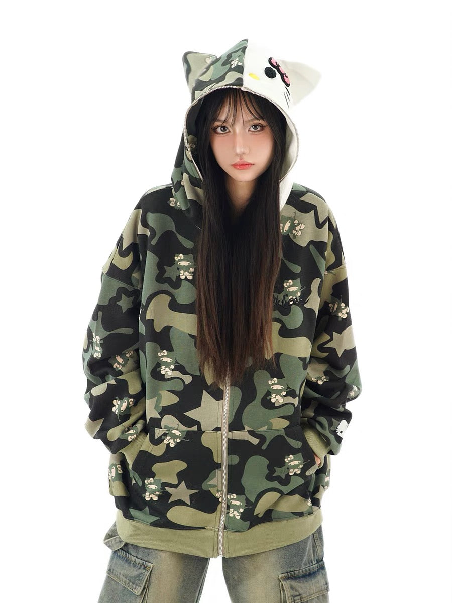 KT Camouflage Hoodies Fall Jacket Oversized Sweatshirts Casual Drawstring Zip Up Y2K Hoodie with Pocket