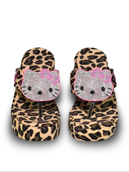 Hellokitty Handmade Rhinestone Leopard Print Women's Sandals Cute Slippers Non-Slip Flip Flops High-Heeled Slippers（Customized Shoebox Packaging）