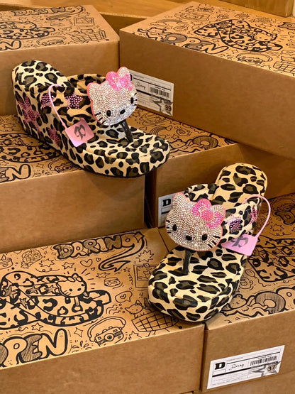 Hellokitty Handmade Rhinestone Leopard Print Women's Sandals Cute Slippers Non-Slip Flip Flops High-Heeled Slippers（Customized Shoebox Packaging）