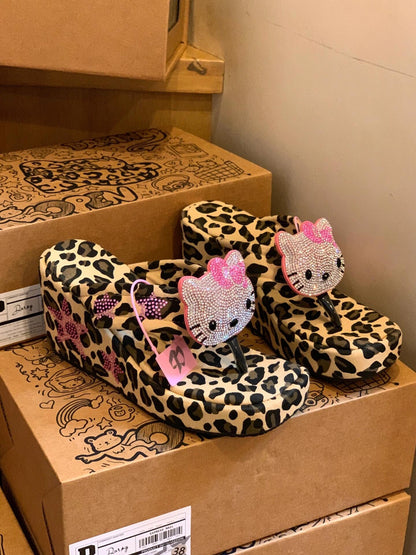 Hellokitty Handmade Rhinestone Leopard Print Women's Sandals Cute Slippers Non-Slip Flip Flops High-Heeled Slippers（Customized Shoebox Packaging）