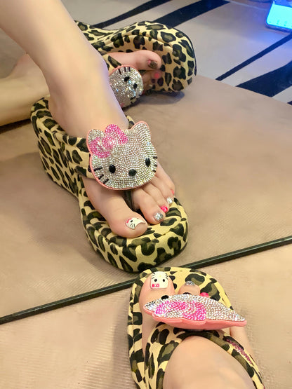 Hellokitty Handmade Rhinestone Leopard Print Women's Sandals Cute Slippers Non-Slip Flip Flops High-Heeled Slippers（Customized Shoebox Packaging）