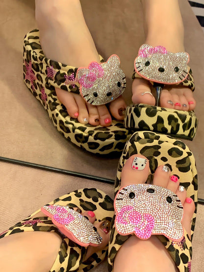 Hellokitty Handmade Rhinestone Leopard Print Women's Sandals Cute Slippers Non-Slip Flip Flops High-Heeled Slippers（Customized Shoebox Packaging）