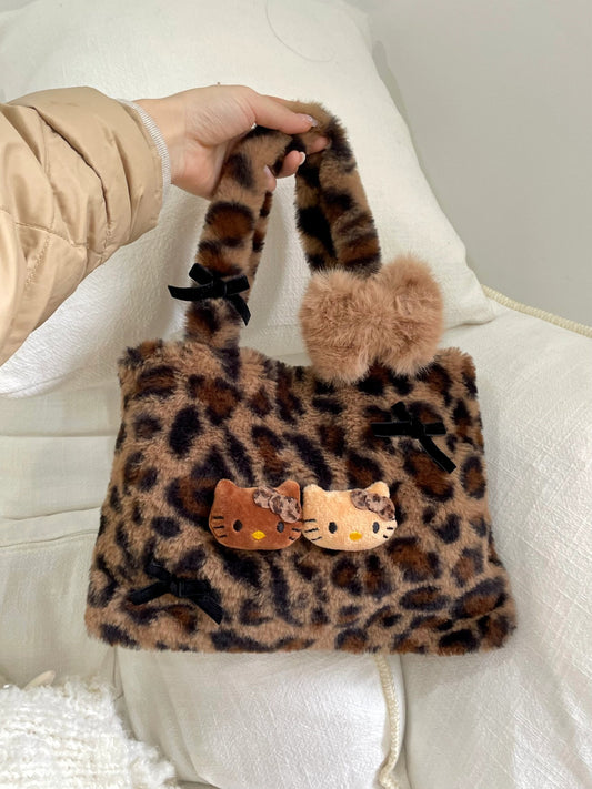 Hellokitty Leopard Print Cute Small Bags Plush Bag for Women Kawaii Carry on Bag Handbags