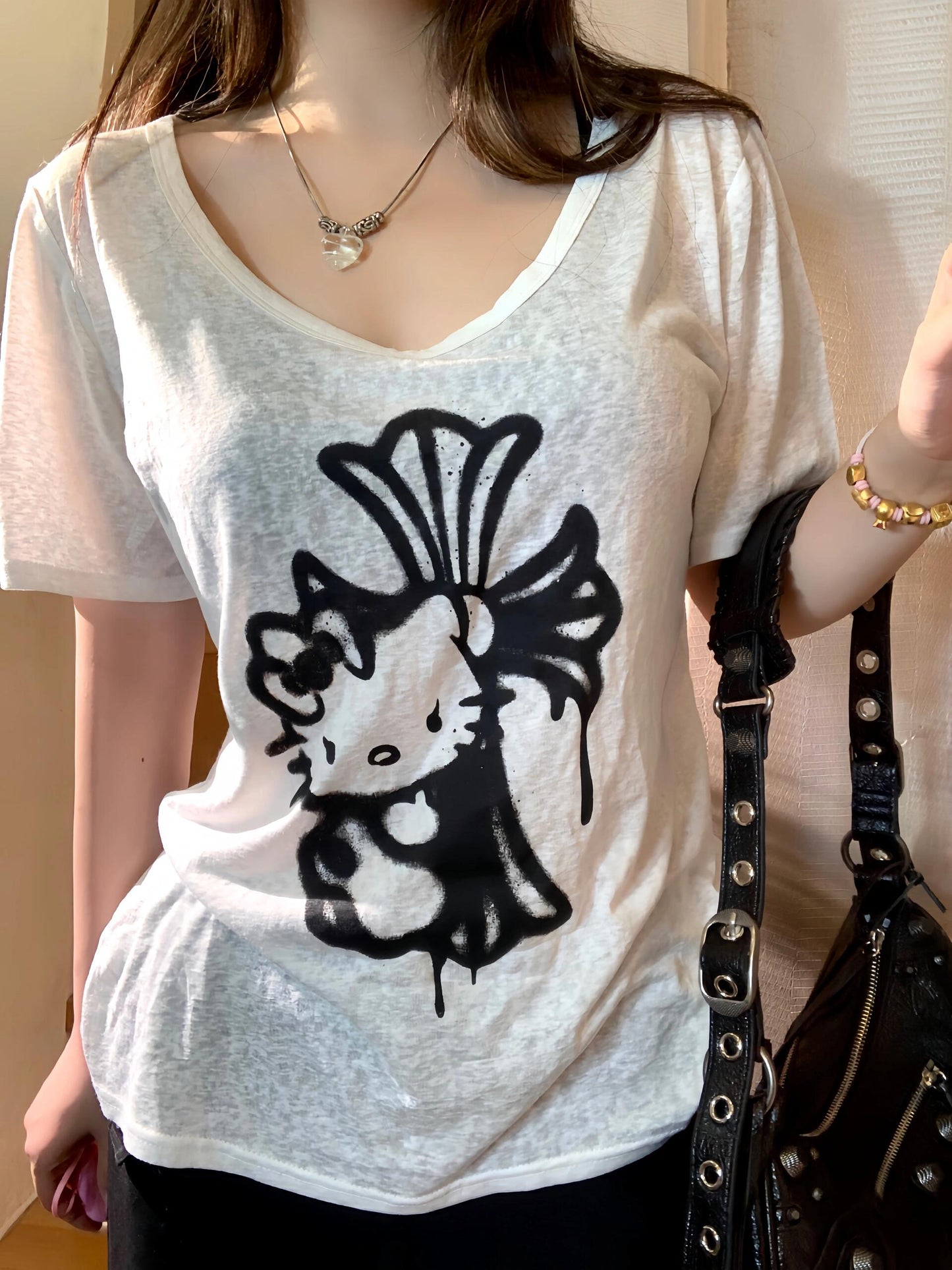 Hellokitty Crucifixion Women's Summer Tops Trendy Short Sleeve Shirts Crewneck Tee