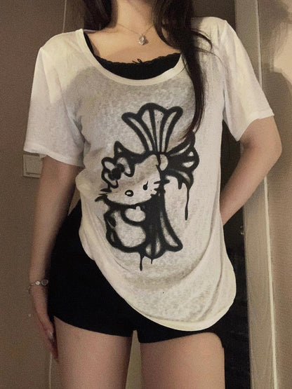 Hellokitty Crucifixion Women's Summer Tops Trendy Short Sleeve Shirts Crewneck Tee