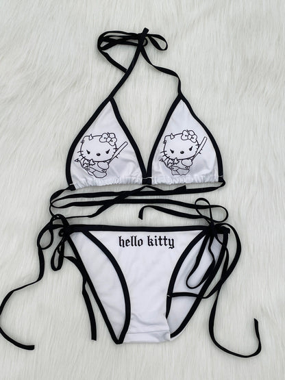 Hellokitty Devil Women's Halter Tie Side Triangle Bikini Set high Cut 2 Piece Bikini Swimsuit Bathing Suit