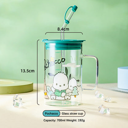 Sanrio glass cup with glass straw and lid 700ml