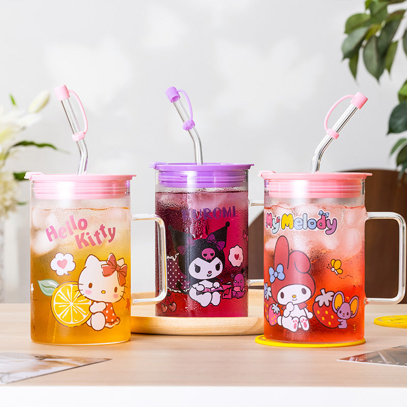 Sanrio glass cup with glass straw and lid 700ml