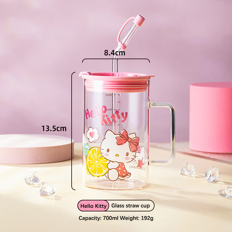 Sanrio glass cup with glass straw and lid 700ml