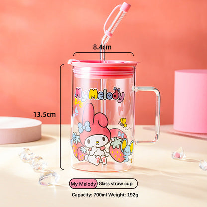 Sanrio glass cup with glass straw and lid 700ml